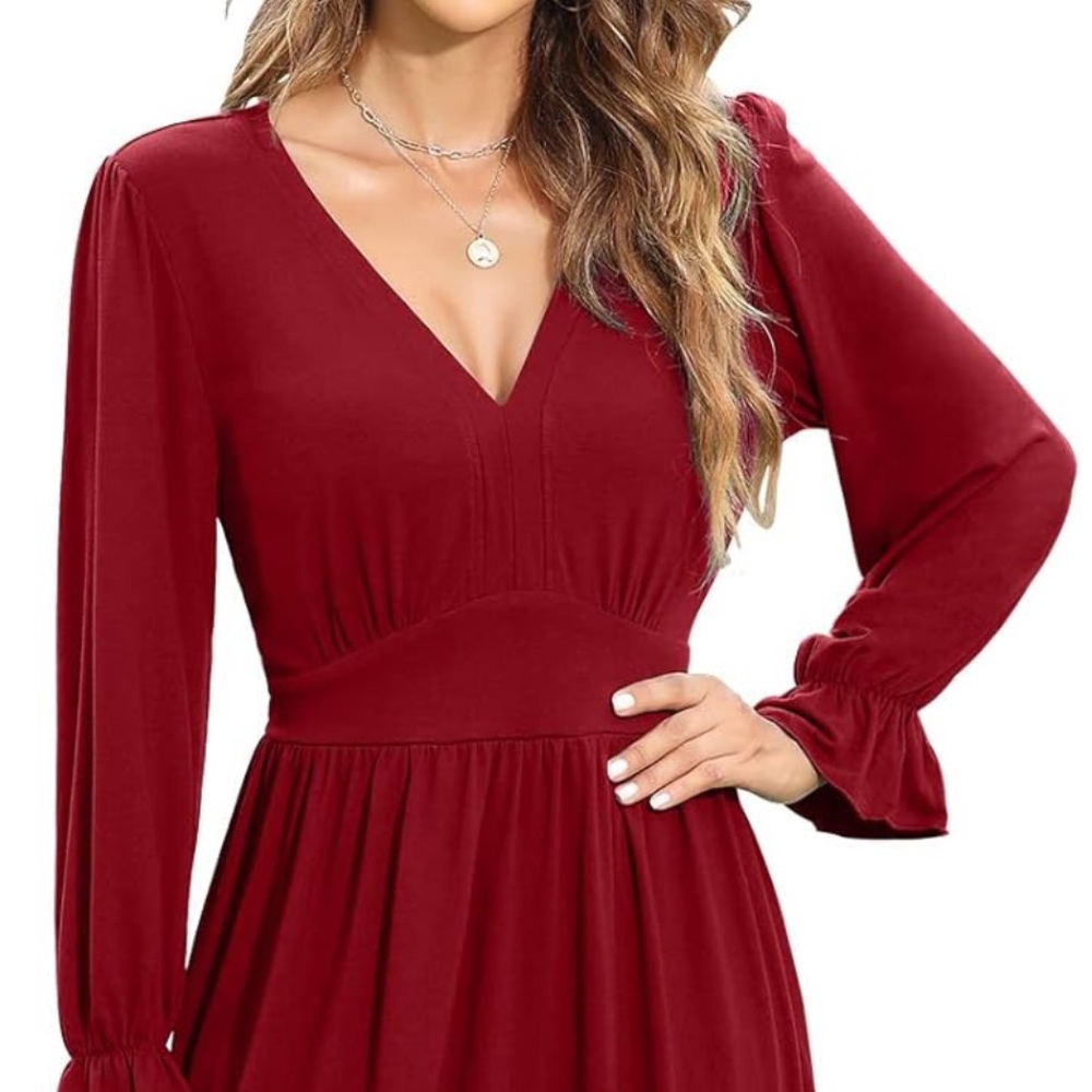 Women's Long Sleeve Midi Dress in Wine Red - Picture 5 of 12